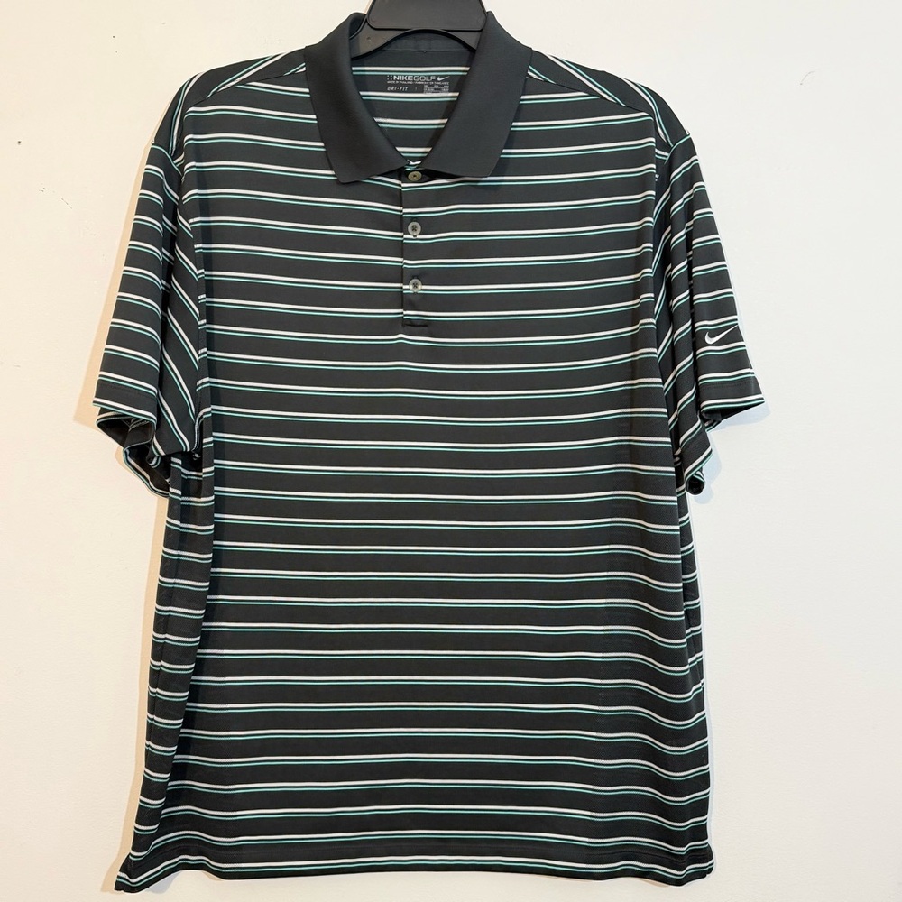 Nike Golf Dri-FIT Polo Shirt XXL Black Teal White Striped Swoosh 27x31